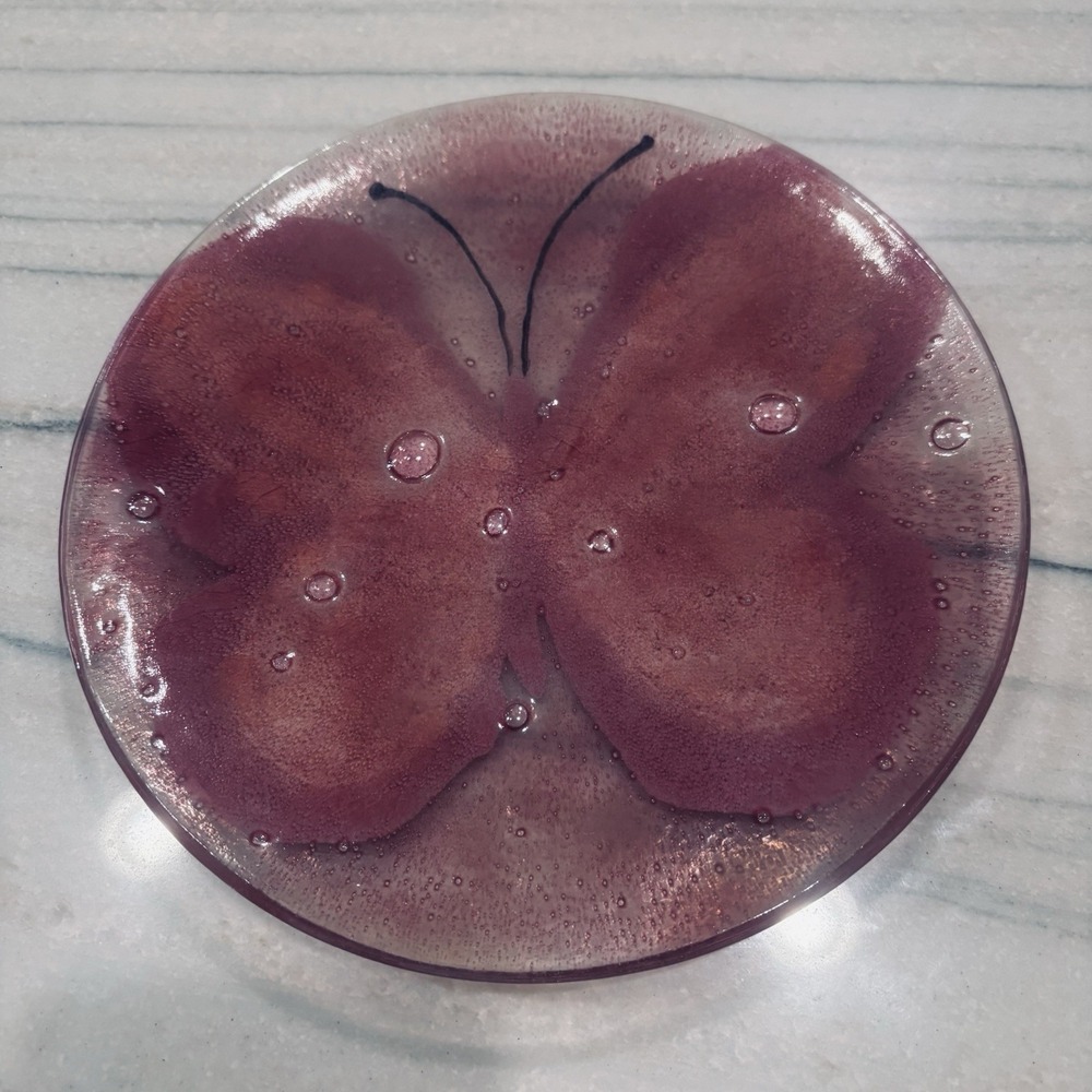 igned Studio Fused Glass Pink Butterfly Decorative Plate Catchall Tray 7 in READ